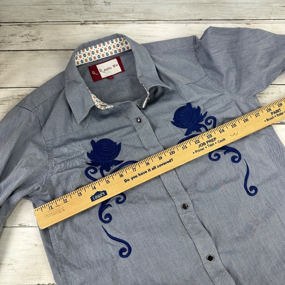 Retta WW Snap Button Shirt Womens Medium Blue‎ Floral Embroidered Western Rodeo - Picture 7 of 12